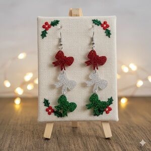 Glitter Bow Earrings - Festive Red, Green, and Silver
